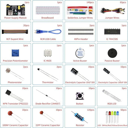 REXQualis Electronics Component Fun Kit w/Power Supply Module, Jumper Wire, 830 tie-Points Breadboard, Precision Potentiometer,Resistor Compatible with Arduino, Raspberry Pi, STM32