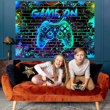 Mocsicka Game On Backdrop Video Game for Boys Level Up Birthday Party Decoration Game Night Arcade Neon Glow Gamer Banner Photography Background (Blue, 6x4ft(72"x48"))