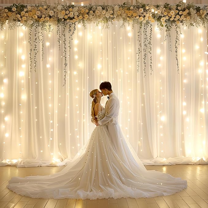 10x10ft Ivory Chiffon Backdrop Curtain with Lights String for Wedding Parites, Sheer Photo Backdrop Curtains for Baby Shower Bridal Shower Birthday Party Ceremony Reception