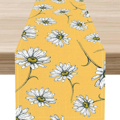 Daisy Floral Table Runner, Farmhouse Spring Seasonal Summer Teal Green White Flower Rustic Abstract Table Center Decor for Home Kitchen Dining Holiday Party Indoor Table Decorations, 13"x36" Inch