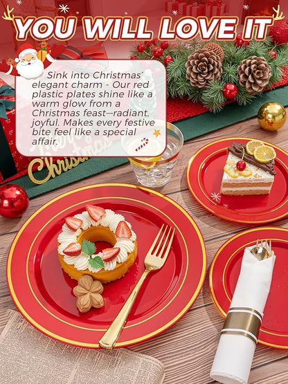 175 Pieces Christmas Plastic Plates - Red Plastic Plates with Gold Rim Include 25 Dinner Plate 10”, 25 Dessert Plate 7”, 25 gold Cups 9 OZ, 25 Pre Rolled Napkins for Christmas/Party