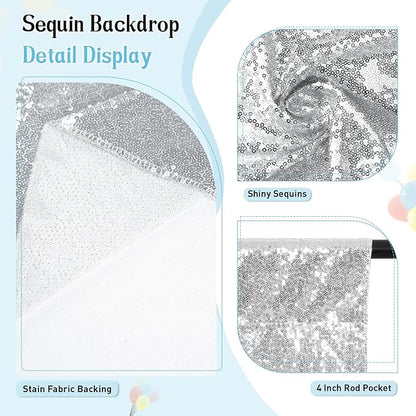 SquarePie Sequin Backdrop Not See Through Thick Stain Background for Photography Glitter Curtain Party 6FT x 8FT Silver
