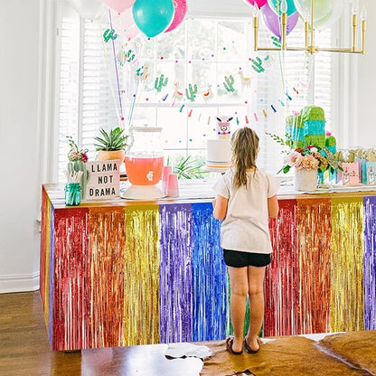 BEISHIDA 2 Pack Rainbow Metallic Tinsel Foil Fringe Table Skirts for Rectangle and Round Tables - Kids' Birthday, Baby Shower, Holiday Party Decor