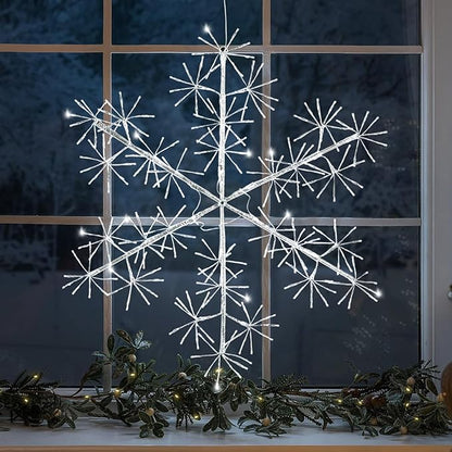 30’’ Christmas Snowflake Lights Outdoor, Pre-lit 240Pcs Cool White LEDs Hanging Silver Snowflake Decoration for Home Indoor Outdoor Window Silhouette