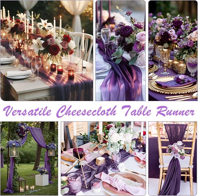 6 Pack Plum Purple Cheesecloth Table Runner 35x120 Inch Boho Gauze Table Runner Rustic Cheese Cloth Long Romantic Table Runners for Wedding Bridal Shower Birthday Party Table Decor