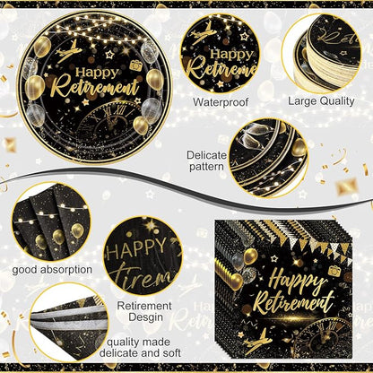 452 Pcs Black Gold Retirement Decorations Supplies for 50 Guests, Happy Retirement Paper Plates Napkins Cups Tablecloth Cutlery Straws Disposable Tableware Set for Men Women
