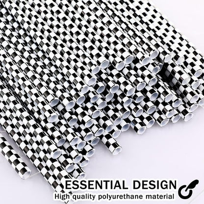 Domensi 50 Pcs Black and White Checkered Racing Straws Plastic Disposable Drinking Straws Hard Plastic Reusable Striped Flag Party Supplies for Race Car Sports Themed Birthday Decoration