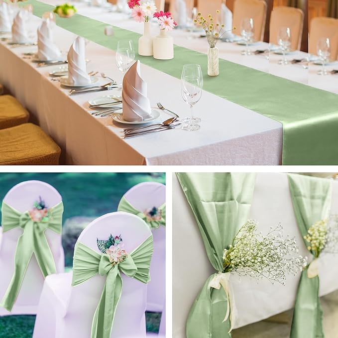 Aneco 12 Pack Satin Table Runner 12 x 108 Inch Sage Green Long Wedding Satin Silk Spring Table Runner for Wedding Banquet Graduations Birthday Party Decoration