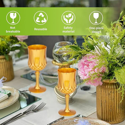 JLYLOL Plastic Vintage Wine Glasses 7OZ Plastic Goblets Vintage Drinking Glasses 12PCS Retro Wedding Glassware Water Goblets Reusable Drinking Cups for Party,Reception,Celebration,Bar,Whiskey(Amber)