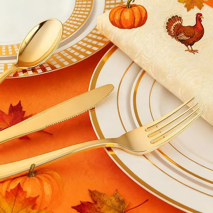 WDF 120 Pieces Gold Plastic Silverware - Disposable Flatware Set - Heavy Duty Thanksgiving Plastic Cutlery - Silverware Includes 40 Forks, 40 Spoons, 40 Knives