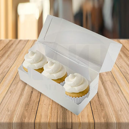 MT Products White Cupcake Boxes 9" x 4" x 3.5" - Bakery Boxes with Window (Pack of 10) - Made in USA