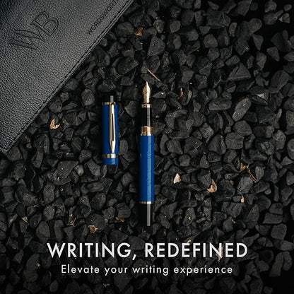 Wordsworth & Black Primori Fountain Pen Set - Blue Gold, Medium Nib, Gift Case, 24 Ink Cartridges, Refill Converter, Manual, Smooth Writing, Left & Right Handed