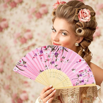 durony 12 Pieces Floral Folding Fans Silk Bamboo Handheld Fans Vintage Handheld Fan Flower Patterns Fabric Fans for Wedding Gifts, Dancing, Party Favors, Multicolor