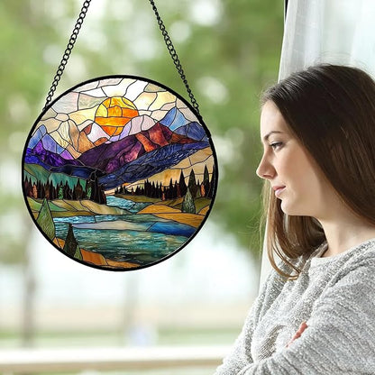 Stained Glass Window Hanging, Blue Lake Golden Sun Abstract Mountains Landscape Suncatcher for Doors Window Home Sun Catchers Decor Mother's Day Birthday Gifts for Women Men Mom 6.3 in