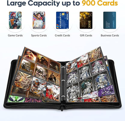 9 Pocket Card Binder, 900 Double Sided Pockets, PU Collection Binder for MTG, TCG, Sports Cards, Black (Carbon Black)