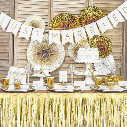 3 Pack 29 x108 Inch Light Gold Foil Fringe Table Skirts Metallic Banner for Tinsel Streamer Garland Backdrop for Parade Floats Mother's Day, Graduate, Birthday, Wedding Party Decoration