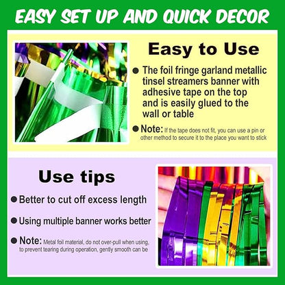 4 Pack 10 Ft Gold Green Purple Foil Fringe Garland Metallic Streamers Tinsel Banner Wall Hanging Garland Backdrop for Parade Floats, Halloween, Christmas, Thanksgiving, New Year Party Decorations