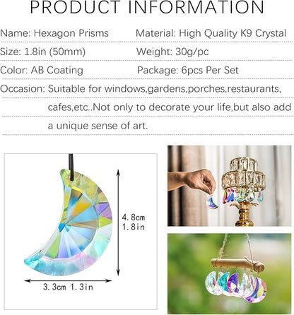 6pcs Colorful Crystal Faceted Half Moon Prisms Chandelier Lamp Lighting Drops Pendants Prisms Hanging Crystals Suncatcher for Window Garden Home Decoration