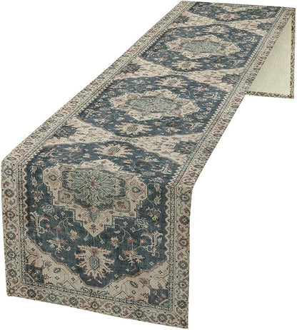 Boho Bohemia Style Table Runner, Vintage Blue Retro Flower Rustic Country Style Floral Print Pattern for Home Kitchen Table Decor Dining Coffee Room Garden Party Decor 13x90in