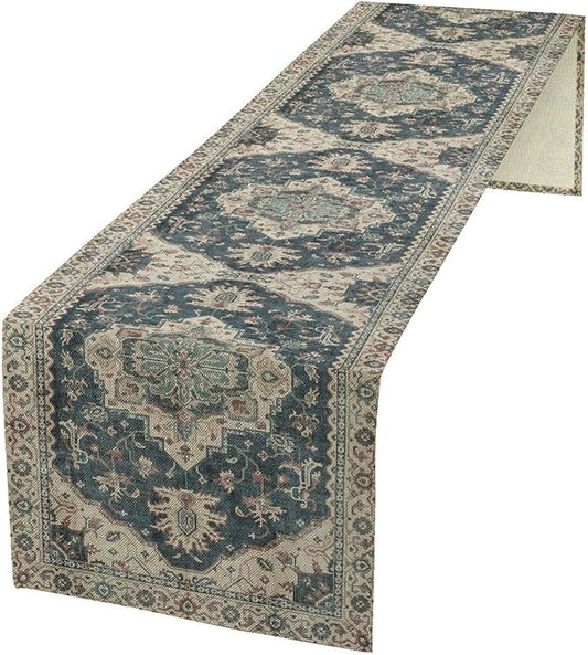 Boho Bohemia Style Table Runner, Vintage Blue Retro Flower Rustic Country Style Floral Print Pattern for Home Kitchen Table Decor Dining Coffee Room Garden Party Decor 13x120in