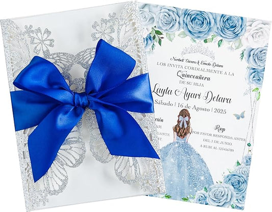 20 PCS 5.12x7.2 Butterfly Quinceanera Invitation, Laser Cut Wedding Invitation Cards with Envelopes for XV Anos Bridal Shower Baby Shower Invite (Silver Glitter)
