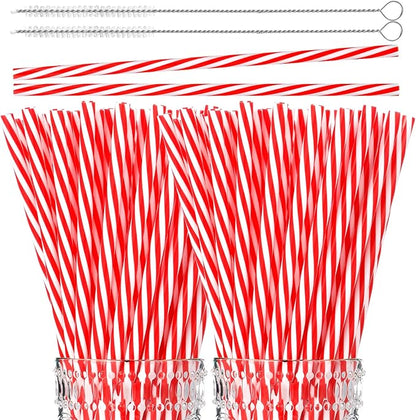 Vesici 9 Inch Plastic Striped Straws Reusable with Cleaning Brush Red Striped Hard Drinking Straws for Christmas Party Decoration Supplies(Red and White,102 Pcs)