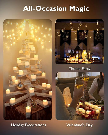 Homemory 48-Pack Novelty Flickering Flameless Tea Lights Candles, 200+Hours Battery-Operated LED Fake Candles for Wedding Table Centerpieces,Proposal,Anniversary, White Base, Ø1.5'' × H1.3''