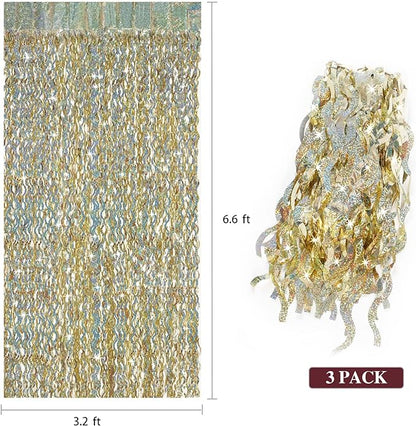 Champagne Gold Foil Fringe Backdrop - CYLMFC 3 Pack 3.3 ft x 6.6 ft Sparkle Tinsel Foil Fringe Backdrop Curtains for Birthday Anniversary Retirement Party Decorations