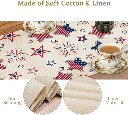 4th of July Table Runner, American Patriotic Independence Day Red Blue White Stars Stripes Fireworks Print Table Runner for Home Party Decor Kitchen Dining Table, 13x36inch
