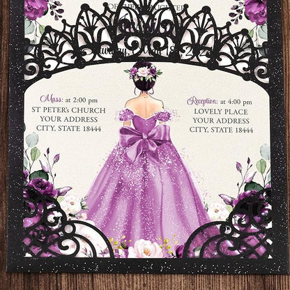 50Pcs Blank Pearlized Black Crown Invitations for Quinceanera, 15 year, Sweet 16, Miss XV, Birthday Laser Cut Quince Invitation Cards