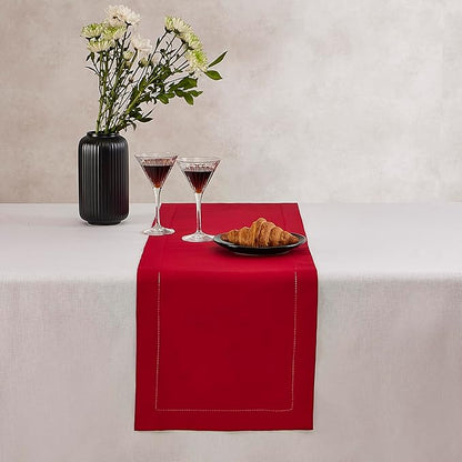 Red Table Runner 72 Inch – Cotton Linen Hemstitch Farmhouse Table Runner 14x72 – Washable Fabric for Dining, Fall, Halloween, Thanksgiving, Spring, Summer, Wedding, Everyday Décor – Serena