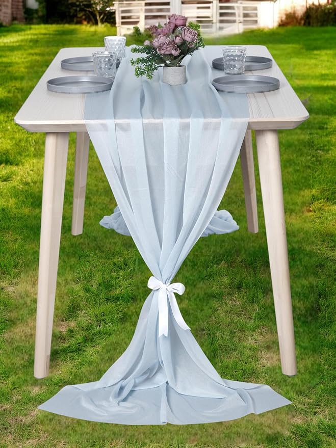 MDS 2 Pack 14ft Chiffon Table Runner 29 x 170 Inches Sheer Wedding Runner Romantic Rustic Table Runner for Wedding Decorations, Birthday Parties, Bridal Shower Party Arch Decor - Baby Blue