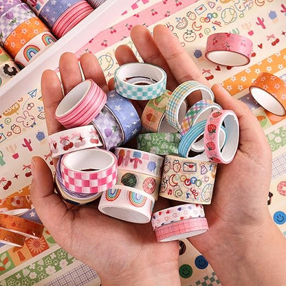 32 Rolls Colorful Cute Floral Writable Washi Tape Set, Decorative Tapes for Scrapbooking and Journaling, Junk Journal Supplies, Bullet Journaling for Women Girl 5-30mm Wide 9.84ft Long/Roll