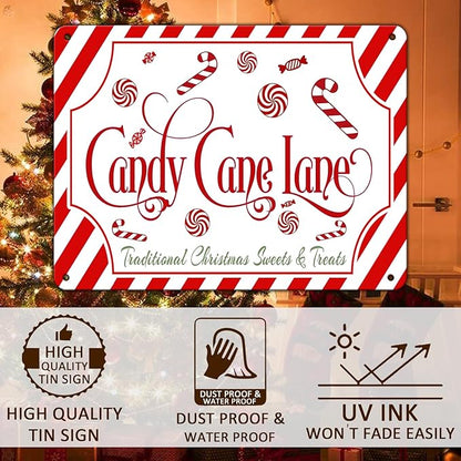 Christmas Candy Cane Lane Metal Tin Sign Traditional Christmas Sweets and Treats Winter Sign for Home Living Room Outdoor or Indoor Wall Decor Gift Christmas Candy Cane Lollipop 12x16Inch