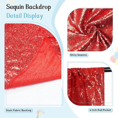 SquarePie Sequin Backdrop Curtain Not See Through Thick Glitter Background for Party 8FT x 8FT Red