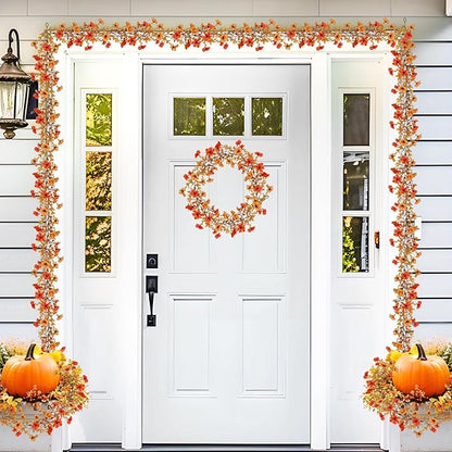 2 Pack Artificial Fall Flowers Garland, 6 FT Fall Decorations UV Resistant Fake Mums Floral Vines Faux Hanging Flower Ivy Garland for Home Party Table Wall Decor (Orange + Autumn Yellow)