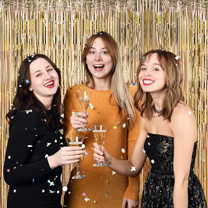 10 Pack Champagne Gold Foil Curtain Backdrop 3.2ft x 9.8ft Metallic Tinsel Foil Fringe Curtains Streamer Photo Booth Backdrop for Birthday Party Engagement Bachelorette Party Decorations