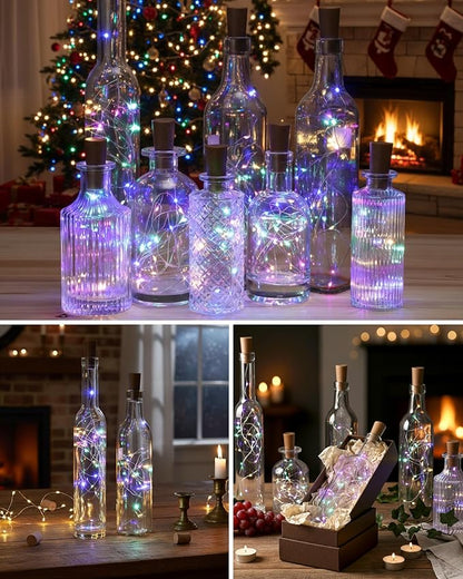 Hortsun 60 Pack Wine Bottle Lights with Cork Fairy Mini String Lights Battery Operated Mini Waterproof 7 ft Silver Wire 20 Led Cork Shape for Christmas, DIY, Party, Decor, Wedding, Bar (Multicolor)