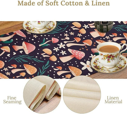 Mushroom Table Runner,Retro Forest Plant Table Cloth Farmhouse Kitchen Dining Table Decoration for Home Party Decor 13x108 Inch