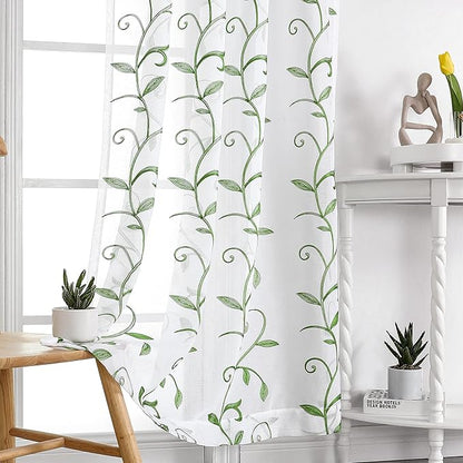 VISIONTEX Embroidered Green Sheer Voile Curtains, Leaves Embroidery Faux Linen Rod Pocket Window Drapes for Living Room and Girls Bedroom 54 x 108 Inch, Set of 2 Curtain Panels