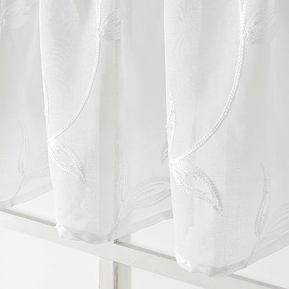 VISIONTEX Sheer Voile Curtain Valances, Decorative Leaves Embroidered, Rod Pocket Window Treatment for Kitchen/Rustic Bedroom/Living Room (54 x 16 Inch,1 Panel)