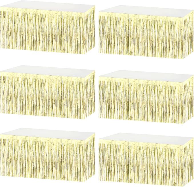 6 Pack 29x108 Inch Metallic Foil Fringe Tinsel Table Skirts Banner for Rectangle Tables Streamer Garland Backdrop for Wedding, Birthday, Parade Floats, Christmas Party Decoration(Light Gold)