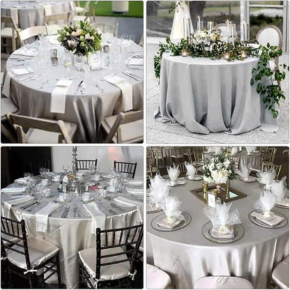 12 Pack 108 Inch Silver Satin Tablecloth - Premium Bright Silky Round Tablecloth Overlay Smooth Fabric Table Cover, Table Decoration for Wedding Party Banquet Events Restaurant Kitchen Dining