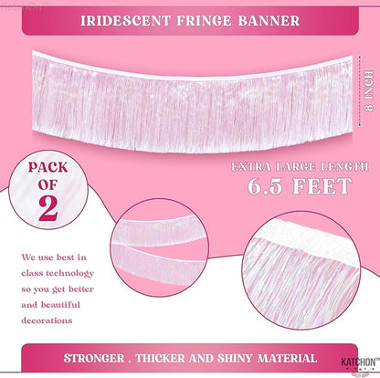 KatchOn, White Iridescent Fringe Banner - 6.5 Feet, Pack of 2 | Iridescent Fringe Garland for Bachelorette Party Decorations | Iridescent Tinsel Garland for Halloween Decor, Christmas Decorations