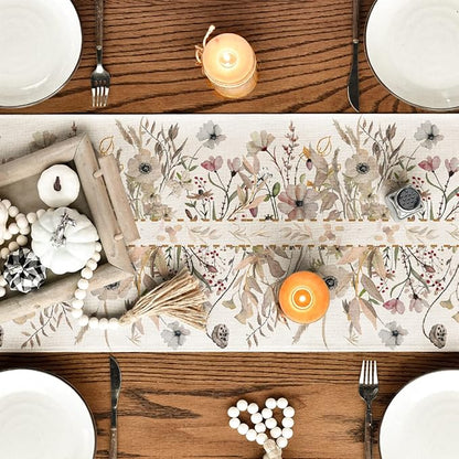 Artoid Mode Wildflower Leaves Floral Fall Table Runner, Autumn Thanksgiving Kitchen Dining Table Decoration for Indoor Outdoor Home Party 13x120 Inch