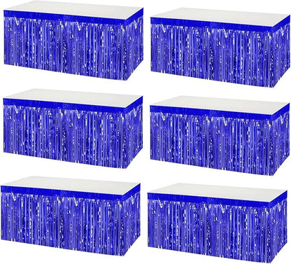 6 Pack 29x108 Inch Metallic Foil Fringe Tinsel Table Skirts Banner for Rectangle Tables Streamer Garland Curtains Backdrop for Wedding, Birthday, Parade Floats, Christmas Party Decoration(Blue)