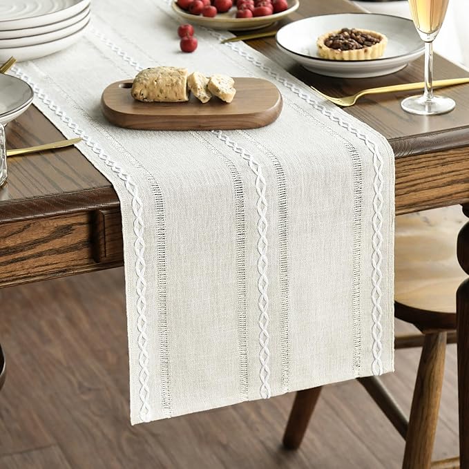 Artoid Mode Beige Rustic Cotton Linen Table Runner, Seasonal Embroidered Hollow Kitchen Dining Table Decoration for Home Party Decor 13x36 Inch