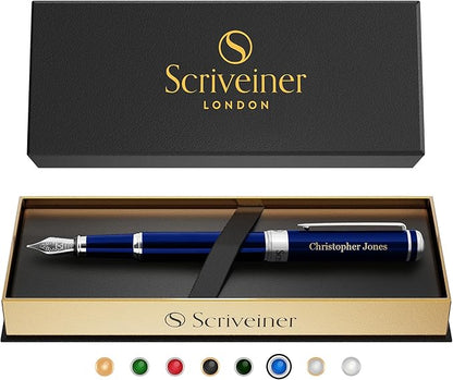 Scriveiner Personalized Midnight Blue Pen - Stunning Blue Lacquer Luxury Pen, Chrome Finish, German Schmidt Nib (Medium), Best Engraved Fountain Pen Gift Set for Men & Women, Name Engraving