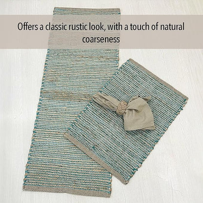 Chardin home Natural Jute Table Runner 13x48 Inch – Vintage Boho Rustic Table Decor – Handwoven Table Runner in Natural Jute and Aqua Turquoise – Farmhouse Dining or Console Table Accent