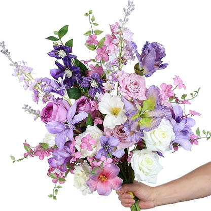 Artificial Flowers Bouquets for Bridal Wedding Home Decor Fake Floral Arrangements for Party Table Centerpieces DIY Silk Flower Set Spring Summer Indoor Outdoor (Combo Purple/White)